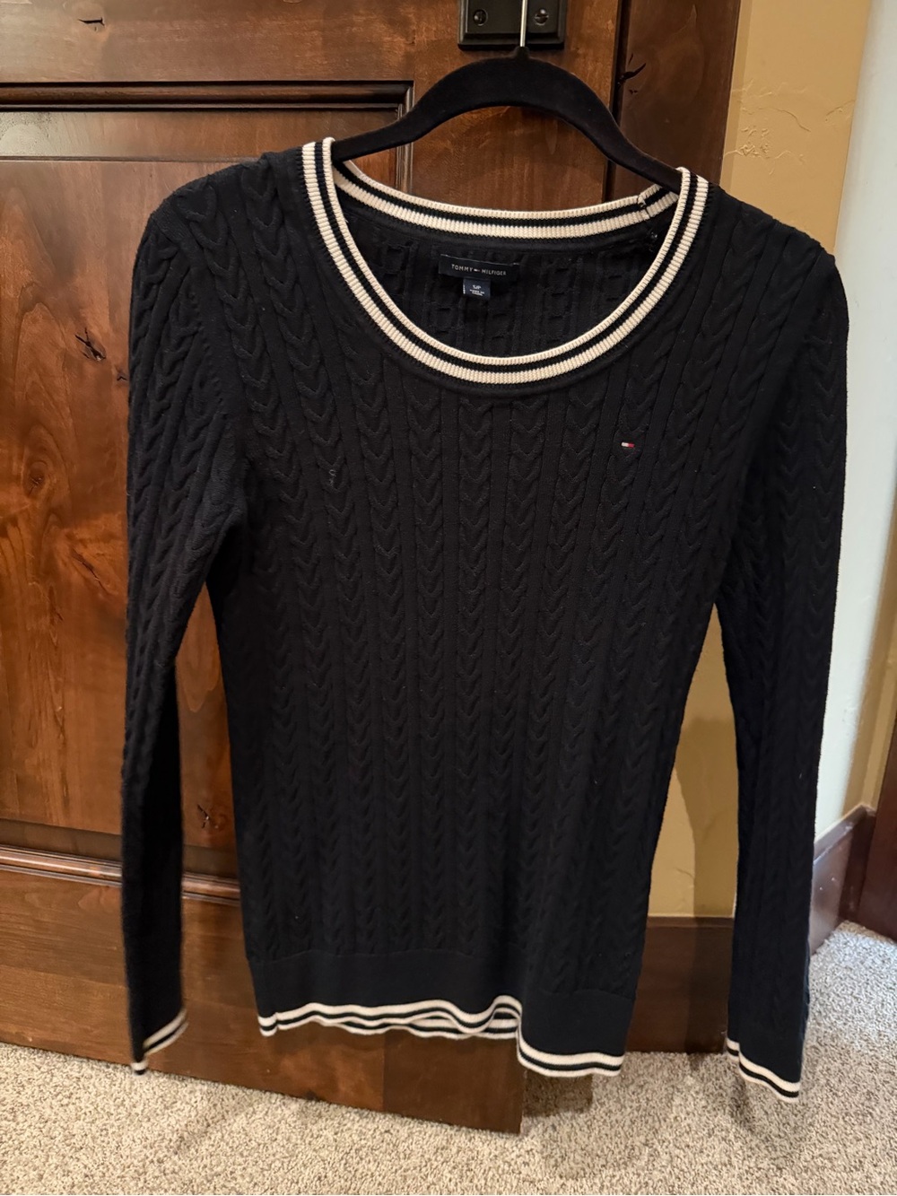 Tommy Hilfiger Black Cable-Knit Crewneck Sweater with White Trim Accents